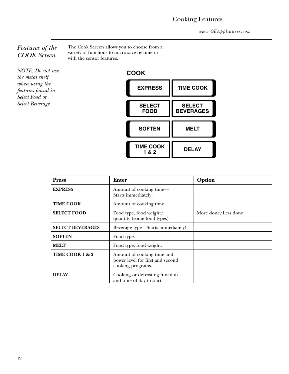 Cooking features, Cooking features –18, Features of the cook screen | GE Monogram JVM2070 User Manual | Page 12 / 44