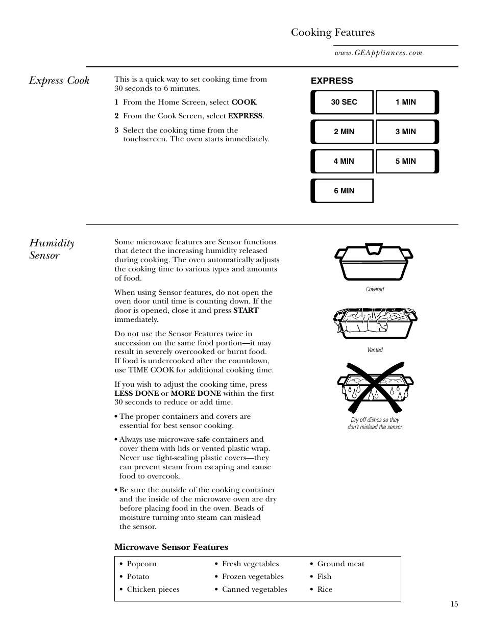 Express cook cooking features, Humidity sensor | GE Monogram JVM2070 User Manual | Page 15 / 44