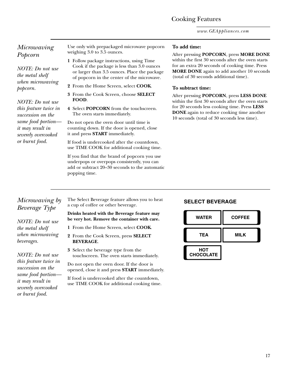 Microwaving popcorn, Cooking features, Microwaving by beverage type | GE Monogram JVM2070 User Manual | Page 17 / 44