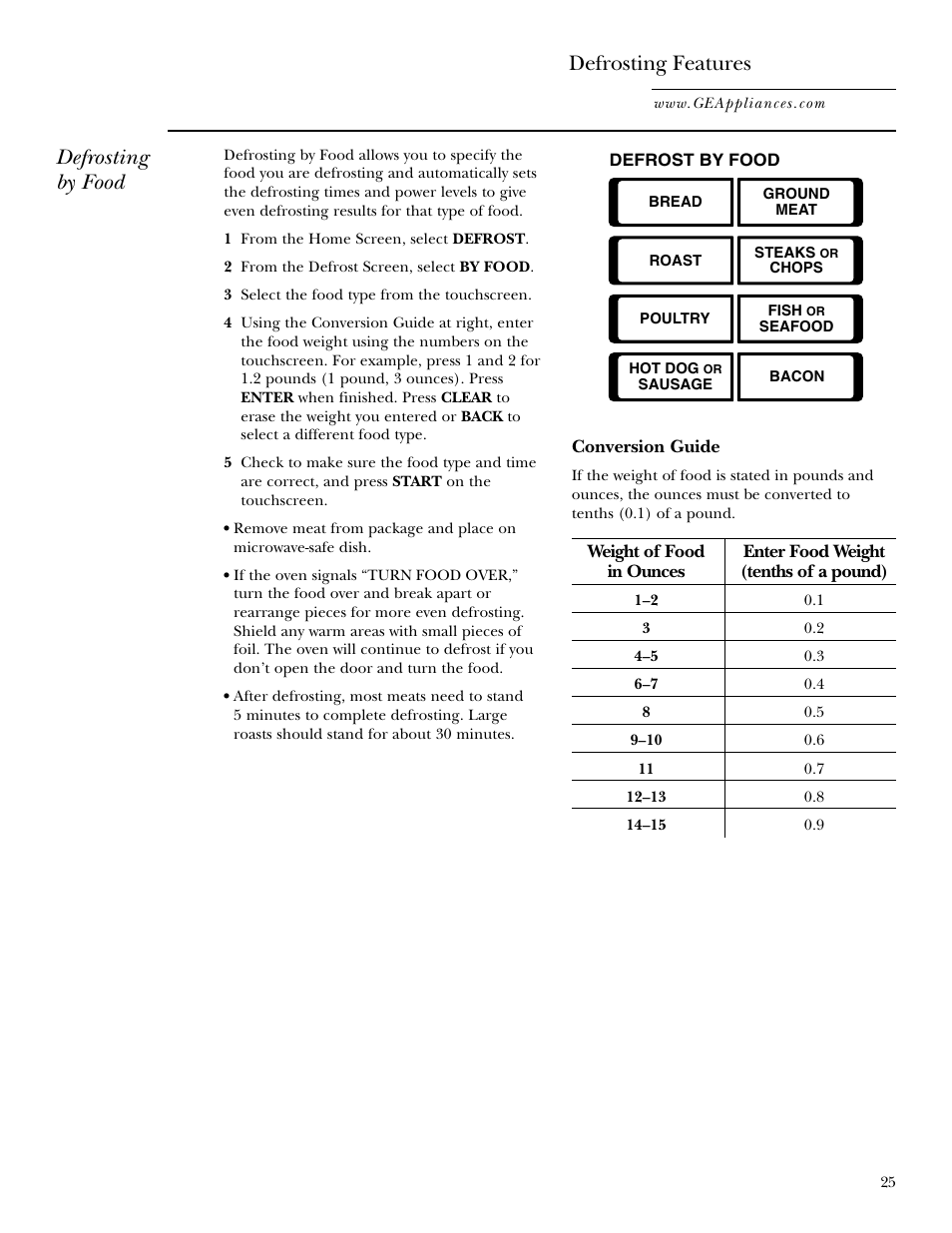 Defrosting by food defrosting features | GE Monogram JVM2070 User Manual | Page 25 / 44