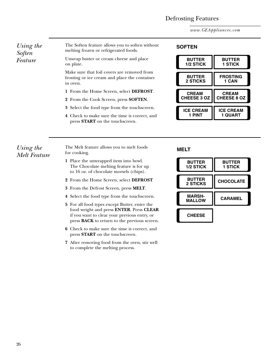 Using the soften feature defrosting features, Using the melt feature | GE Monogram JVM2070 User Manual | Page 26 / 44