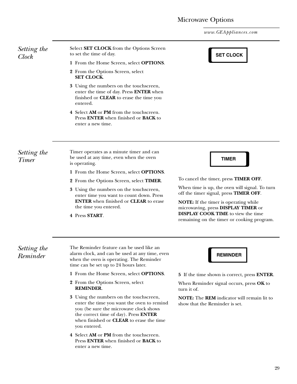 Setting the clock microwave options, Setting the timer, Setting the reminder | GE Monogram JVM2070 User Manual | Page 29 / 44
