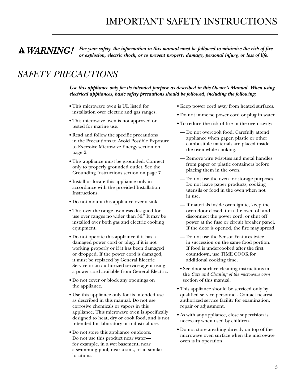 Important safety instructions warning, Safety precautions | GE Monogram JVM2070 User Manual | Page 3 / 44