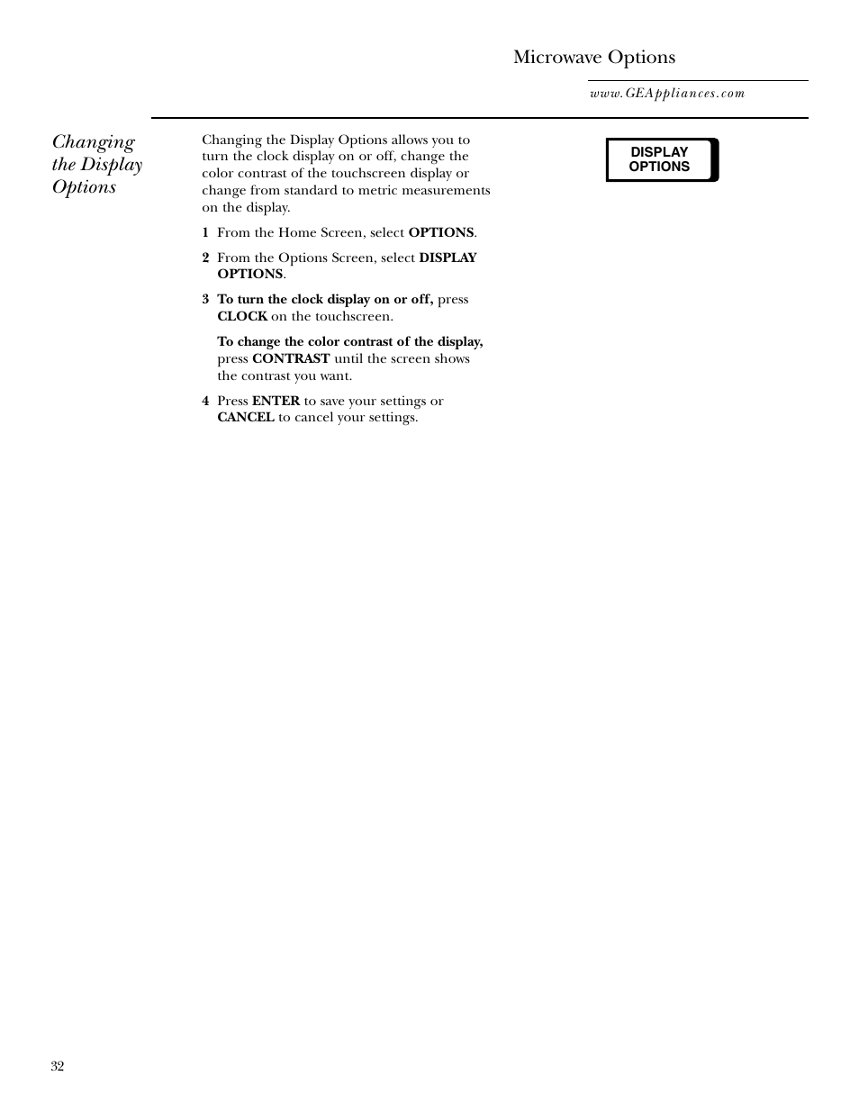 Changing the display options microwave options | GE Monogram JVM2070 User Manual | Page 32 / 44