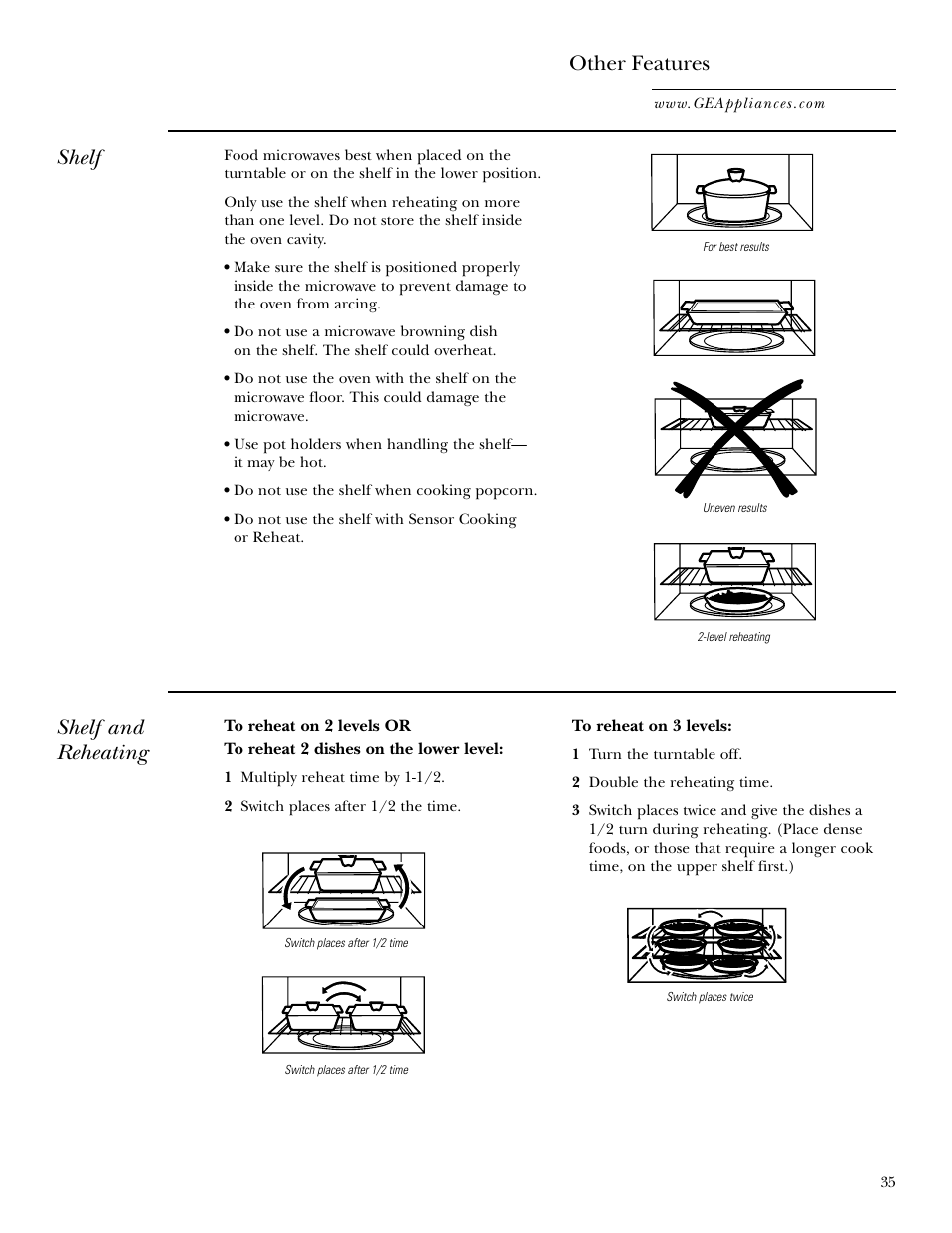 Shelf other features, Shelf and reheating | GE Monogram JVM2070 User Manual | Page 35 / 44