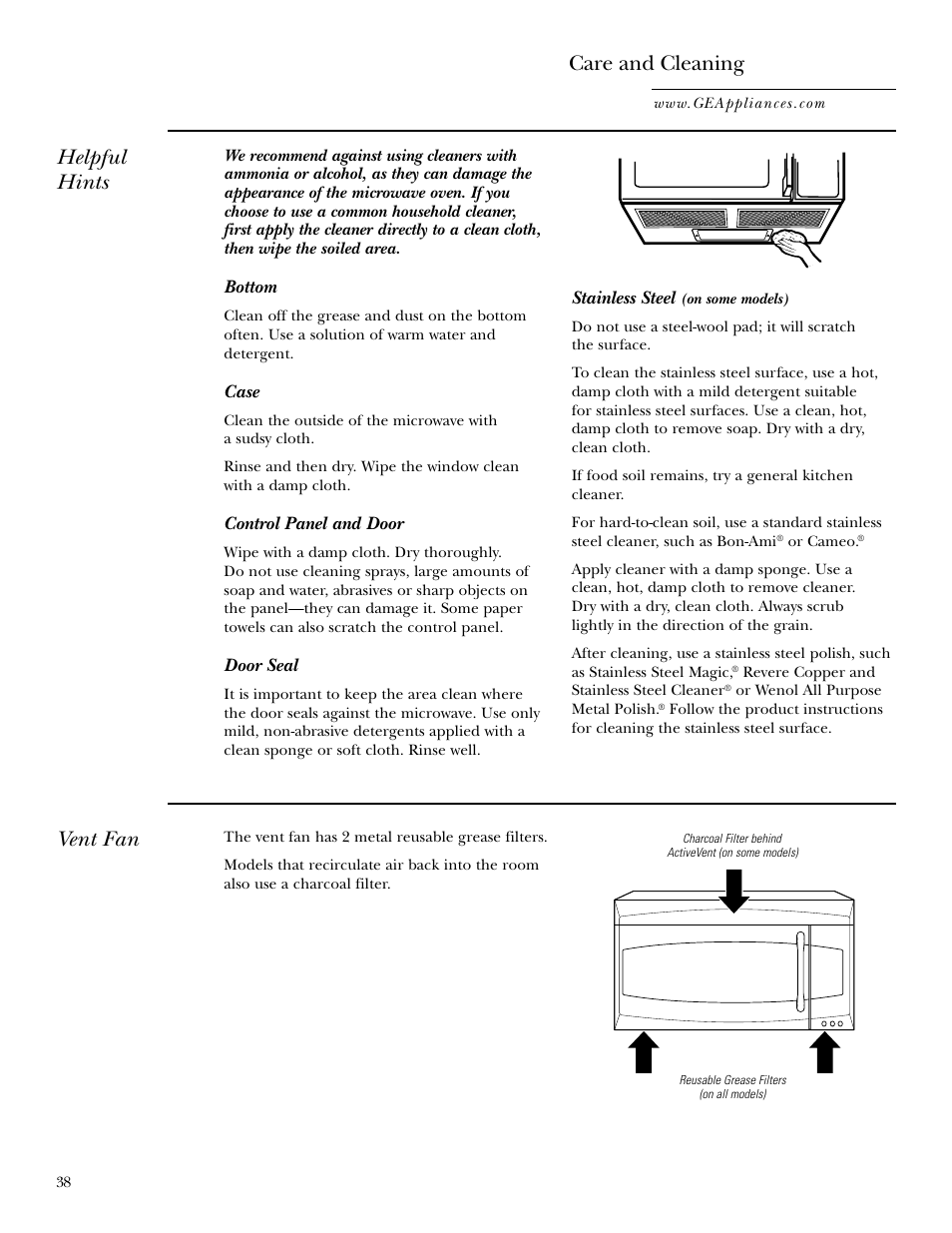 Helpful hints care and cleaning, Vent fan | GE Monogram JVM2070 User Manual | Page 38 / 44