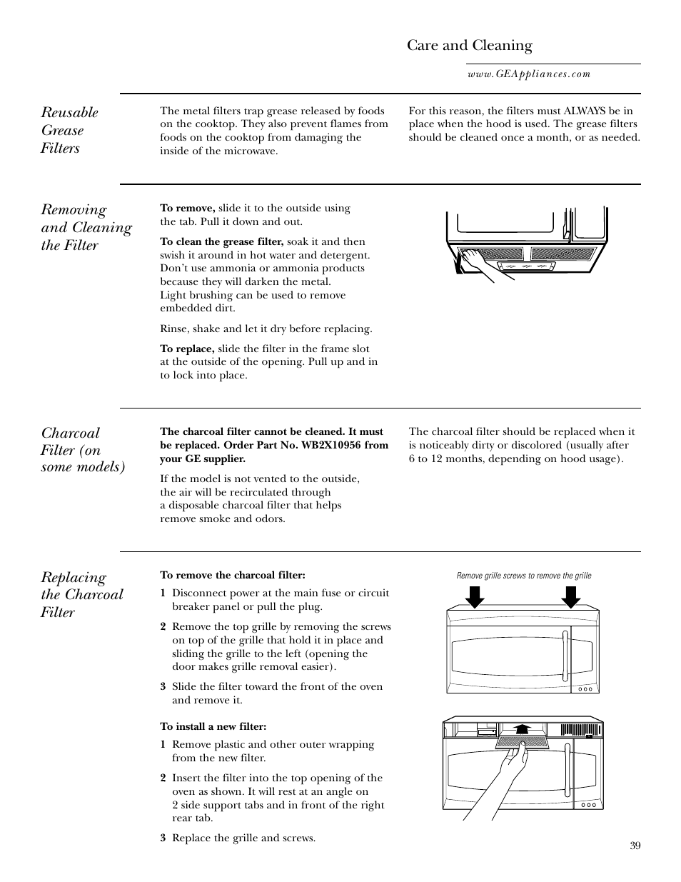 Reusable grease filters care and cleaning, Removing and cleaning the filter, Charcoal filter (on some models) | Replacing the charcoal filter | GE Monogram JVM2070 User Manual | Page 39 / 44