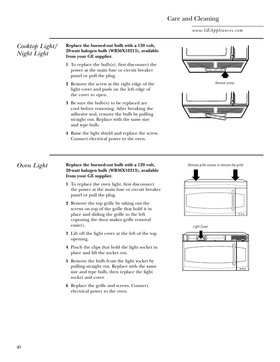 Cooktop light/ night light care and cleaning, Oven light | GE Monogram JVM2070 User Manual | Page 40 / 44