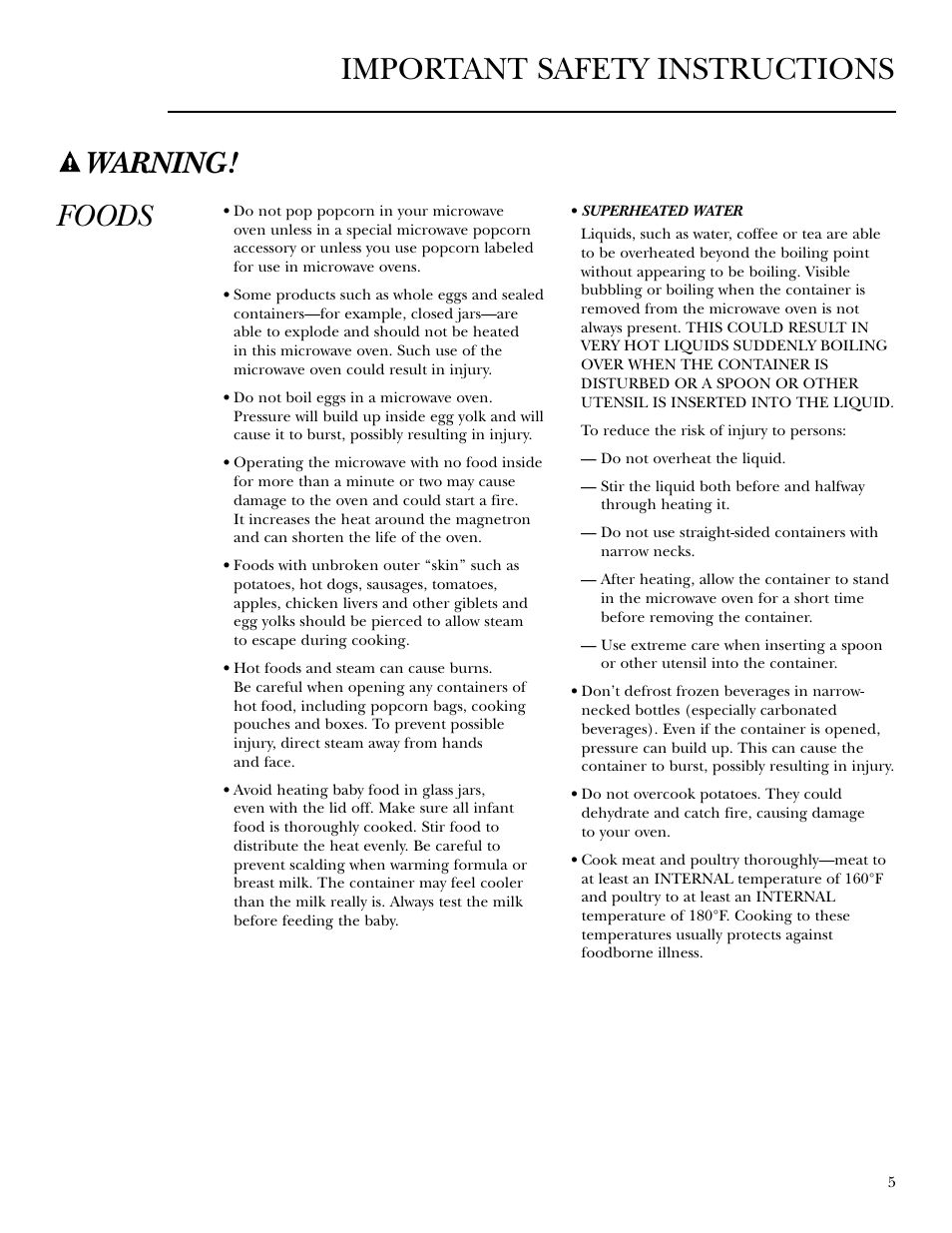 Foods, Important safety instructions warning | GE Monogram JVM2070 User Manual | Page 5 / 44
