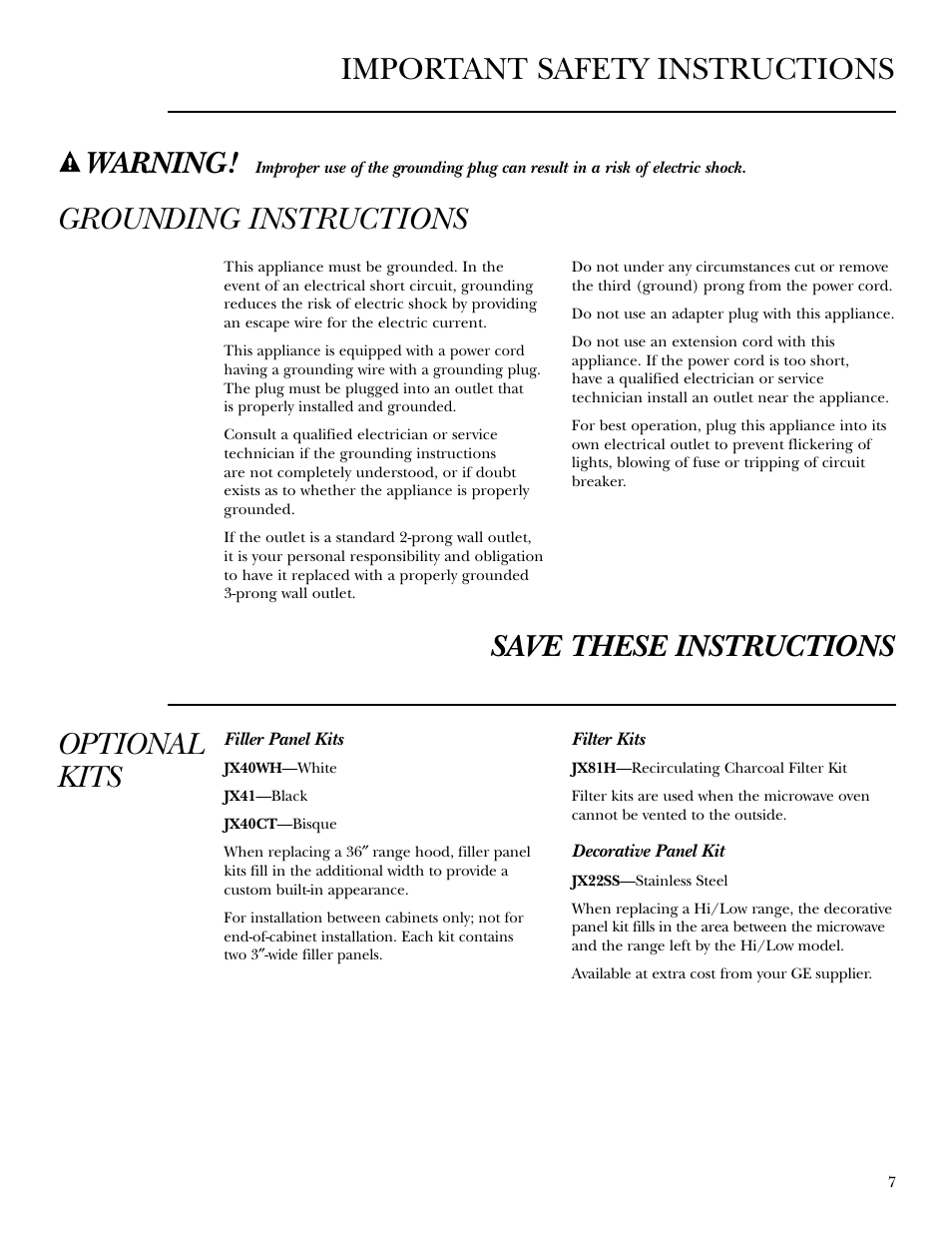 Grounding instructions, Optional kits | GE Monogram JVM2070 User Manual | Page 7 / 44