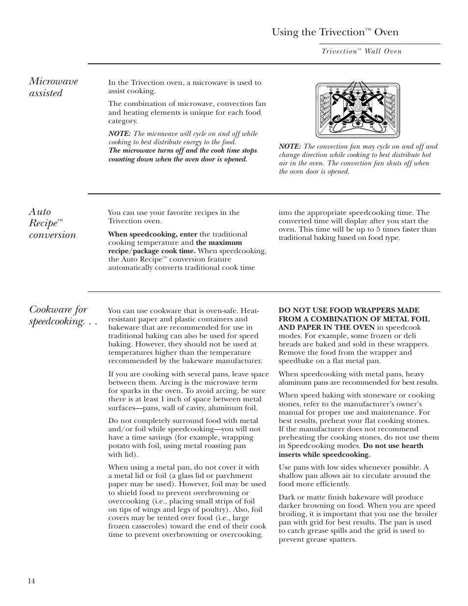 Using the trivection, Oven, Auto recipe | Conversion, Cookware for speedcooking, Microwave assisted | GE Monogram ZET3038 User Manual | Page 14 / 44