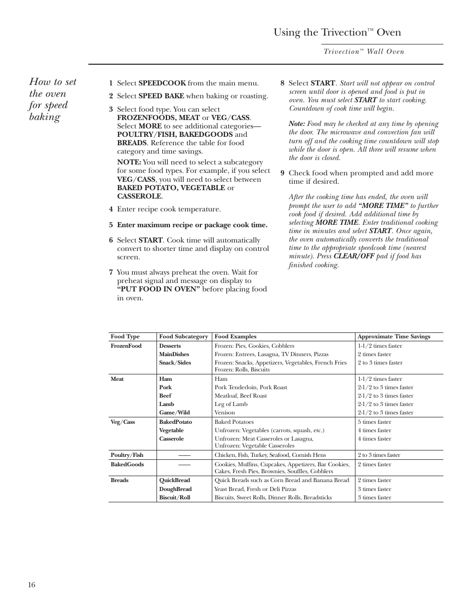 Speed baking/speed roasting, Speed baking/speed roasting , 17, Using the trivection | Oven, How to set the oven for speed baking | GE Monogram ZET3038 User Manual | Page 16 / 44