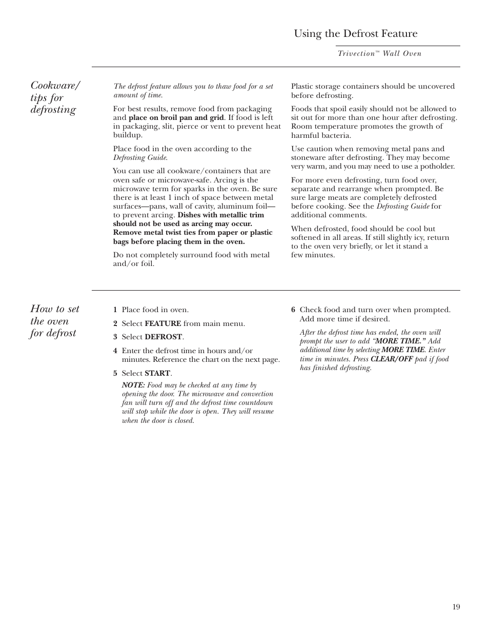 Defrost feature, guide, Defrost feature, guide , 20, Using the defrost feature | Cookware/ tips for defrosting, How to set the oven for defrost | GE Monogram ZET3038 User Manual | Page 19 / 44