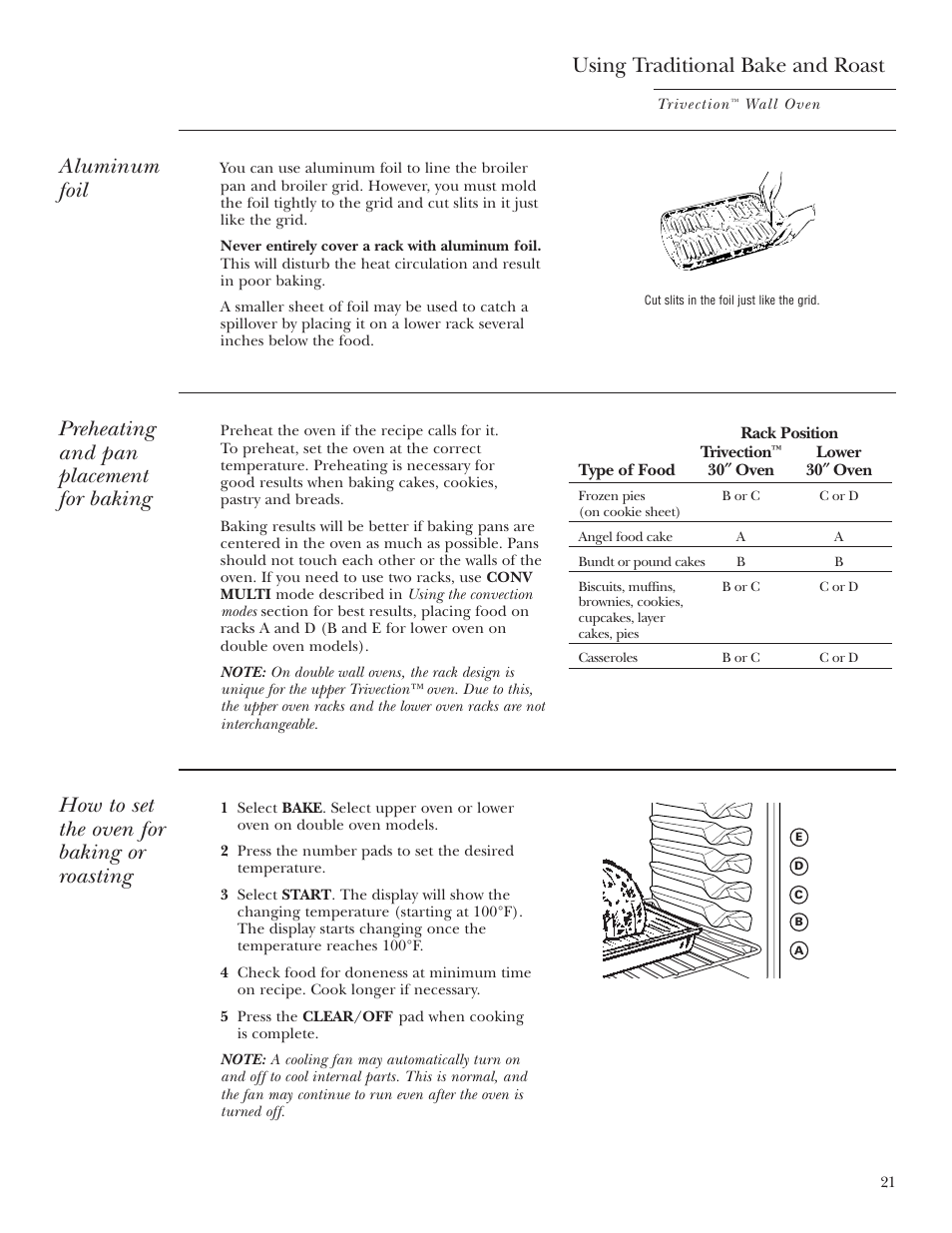 Traditional baking/roasting, Traditional baking/roasting , 22, Using traditional bake and roast | Aluminum foil, Preheating and pan placement for baking, How to set the oven for baking or roasting | GE Monogram ZET3038 User Manual | Page 21 / 44
