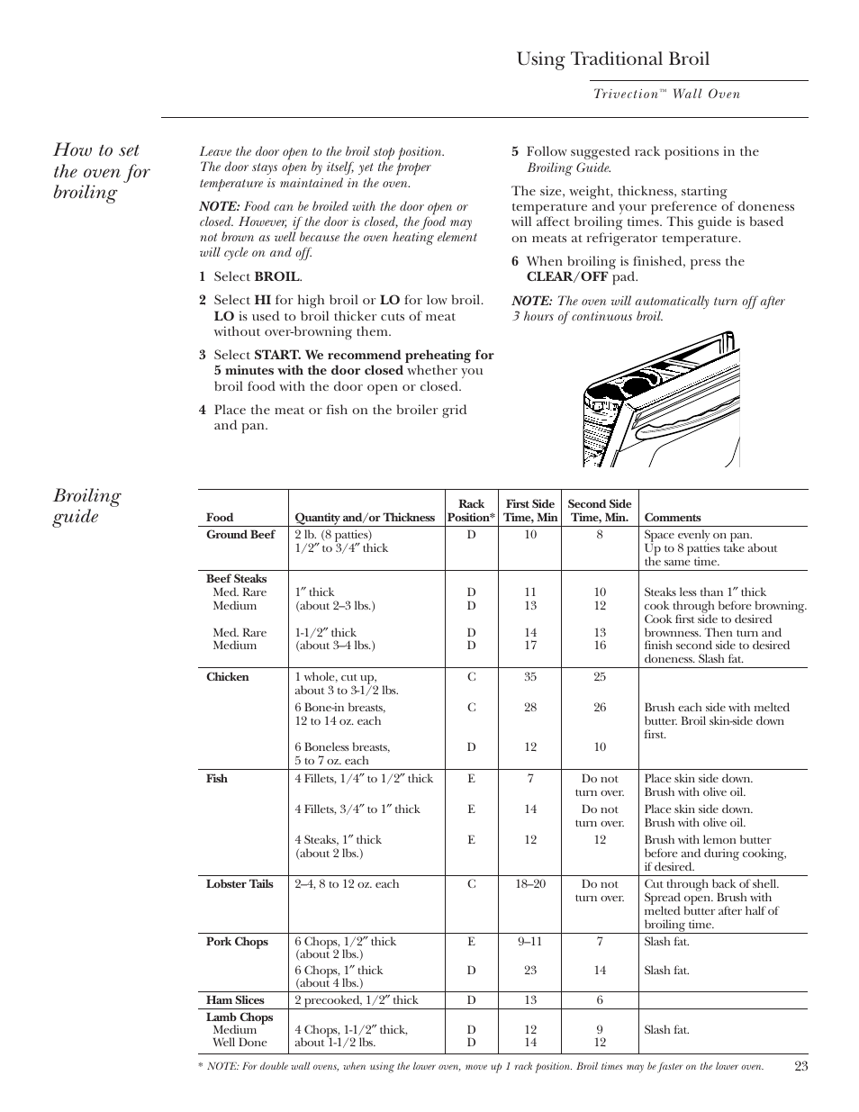 Traditional broiling, guide, Using traditional broil, How to set the oven for broiling | Broiling guide | GE Monogram ZET3038 User Manual | Page 23 / 44