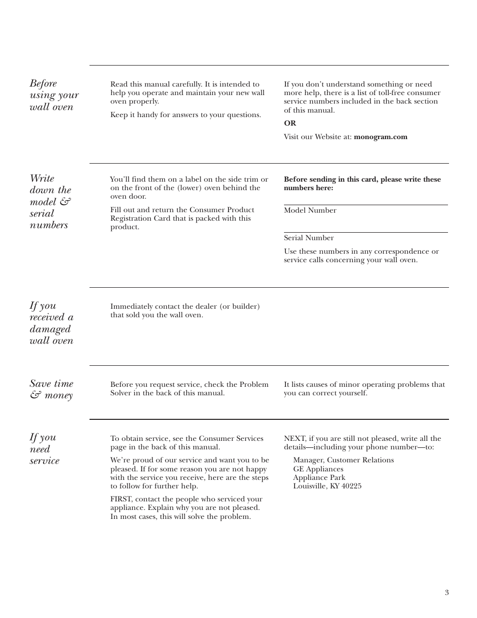 Model and serial numbers, Product registration, Model and serial numbers product registration | If you need service, Before using your wall oven, Write down the model & serial numbers, If you received a damaged wall oven, Save time & money | GE Monogram ZET3038 User Manual | Page 3 / 44