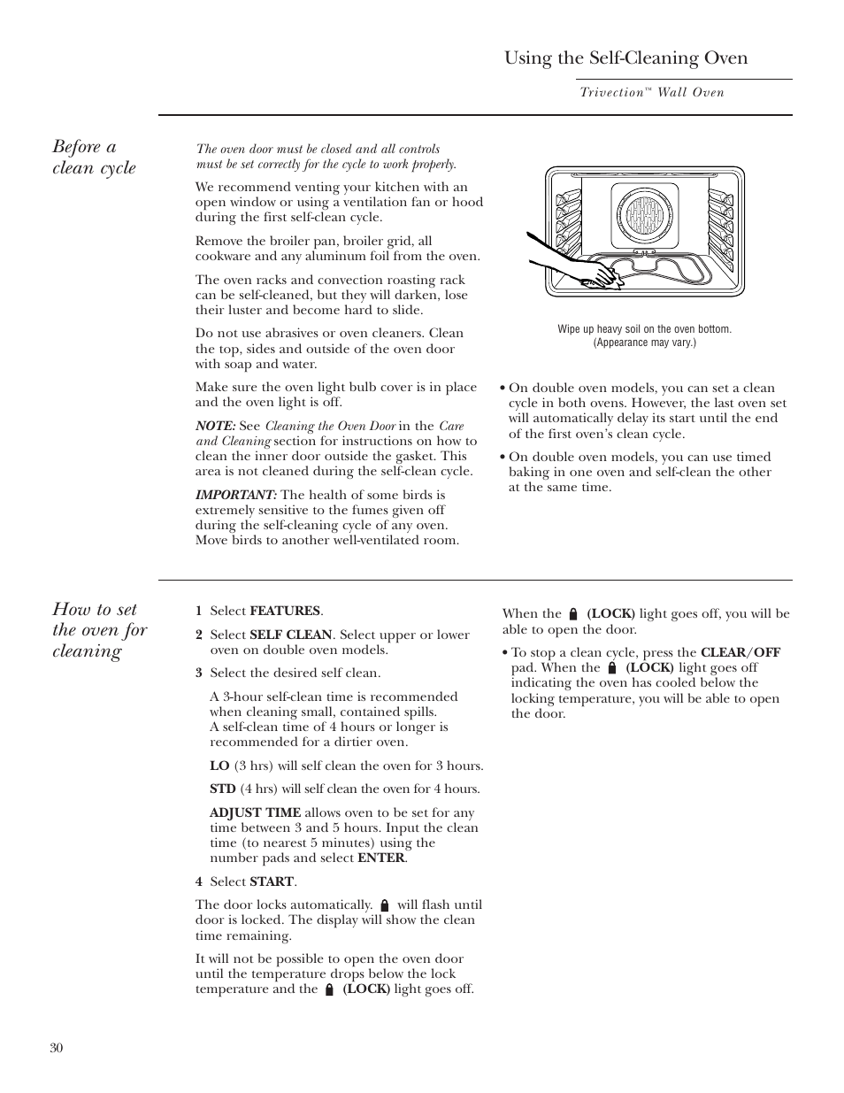 Self-cleaning oven, Self-cleaning oven , 31, Using the self-cleaning oven | Before a clean cycle, How to set the oven for cleaning | GE Monogram ZET3038 User Manual | Page 30 / 44