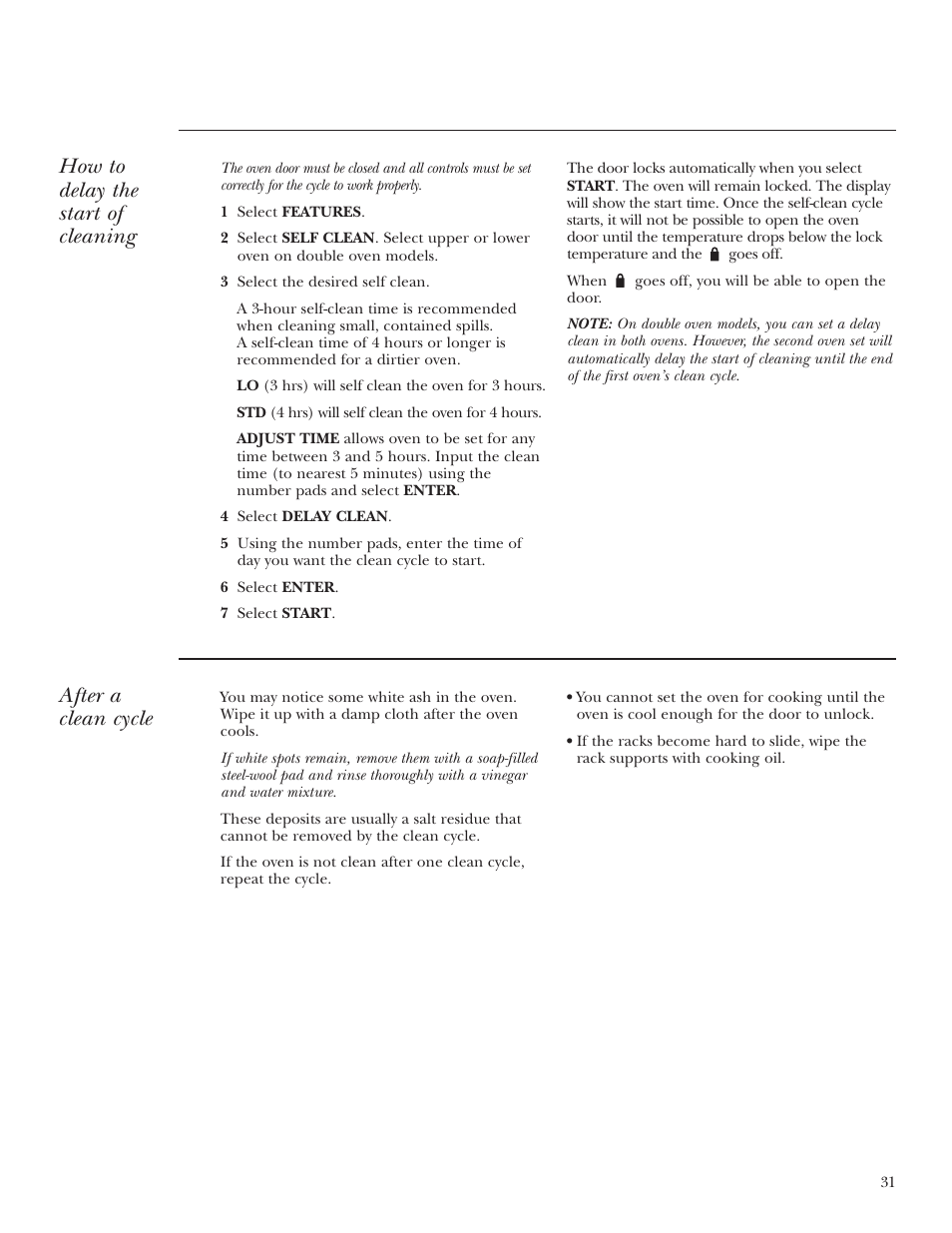How to delay the start of cleaning, After a clean cycle | GE Monogram ZET3038 User Manual | Page 31 / 44