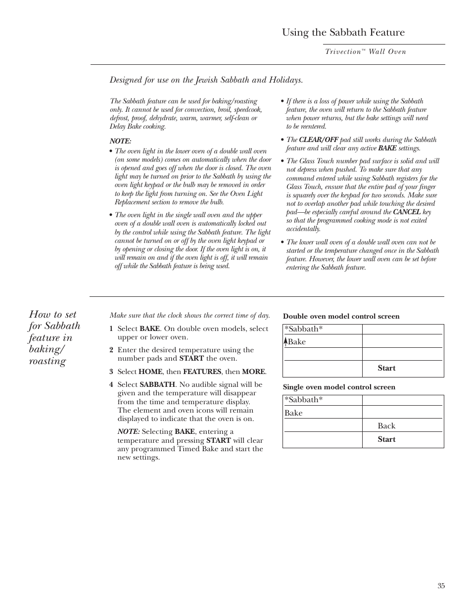 Sabbath feature, Sabbath feature , 36, Using the sabbath feature | How to set for sabbath feature in baking/ roasting | GE Monogram ZET3038 User Manual | Page 35 / 44