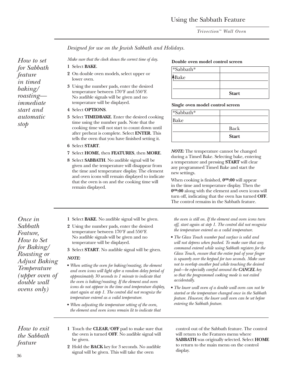 Using the sabbath feature, How to exit the sabbath feature | GE Monogram ZET3038 User Manual | Page 36 / 44