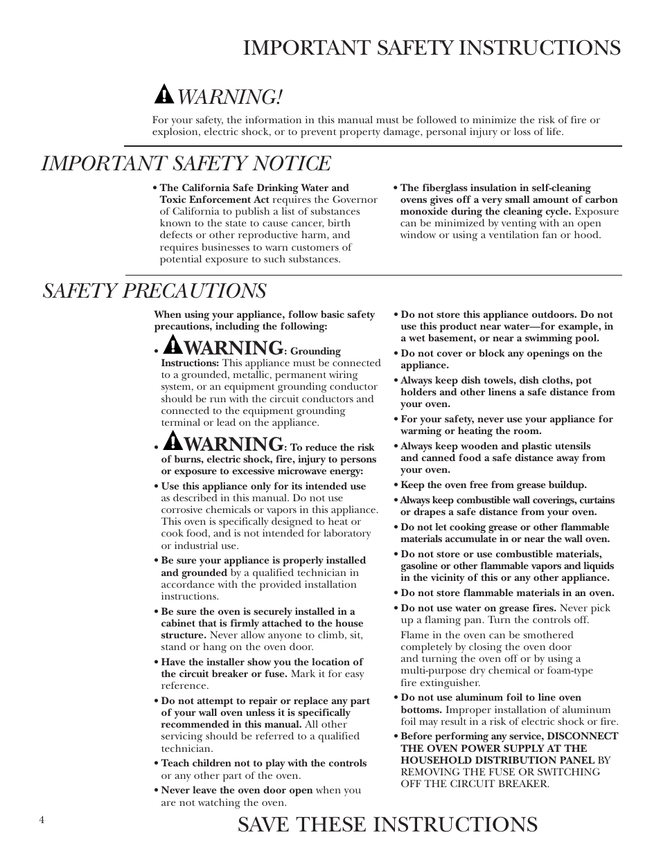 Safety instructions, Safety instructions –7, Important safety instructions safety precautions | Important safety notice, Save these instructions, Warning | GE Monogram ZET3038 User Manual | Page 4 / 44