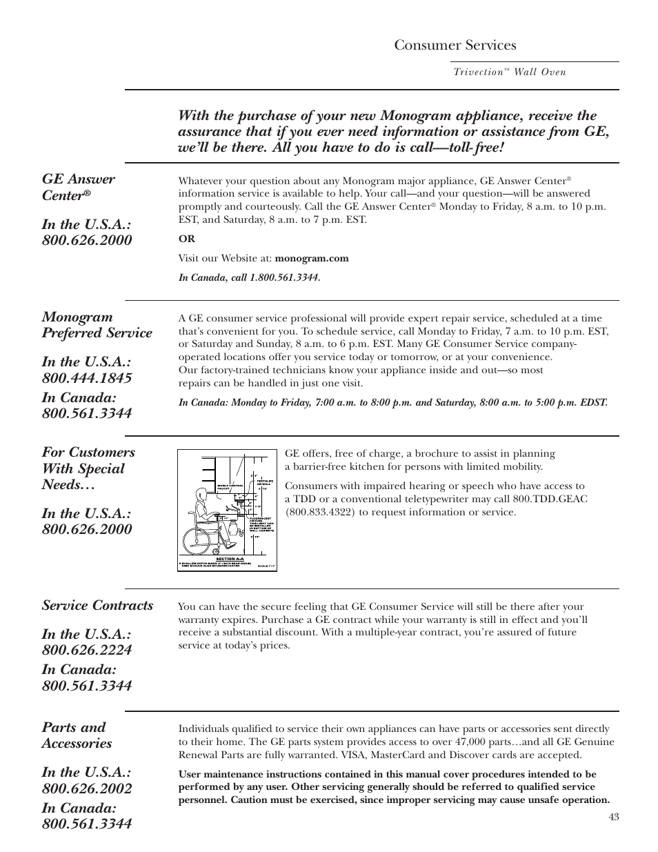 Important phone numbers, Consumer services | GE Monogram ZET3038 User Manual | Page 43 / 44