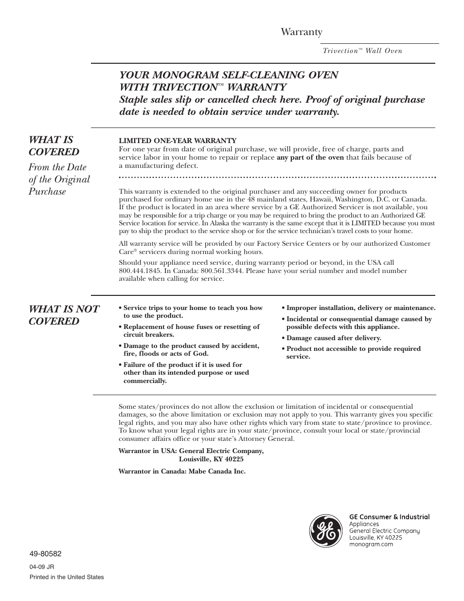 Warranty, Your monogram self-cleaning oven with trivection, What is not covered | GE Monogram ZET3038 User Manual | Page 44 / 44