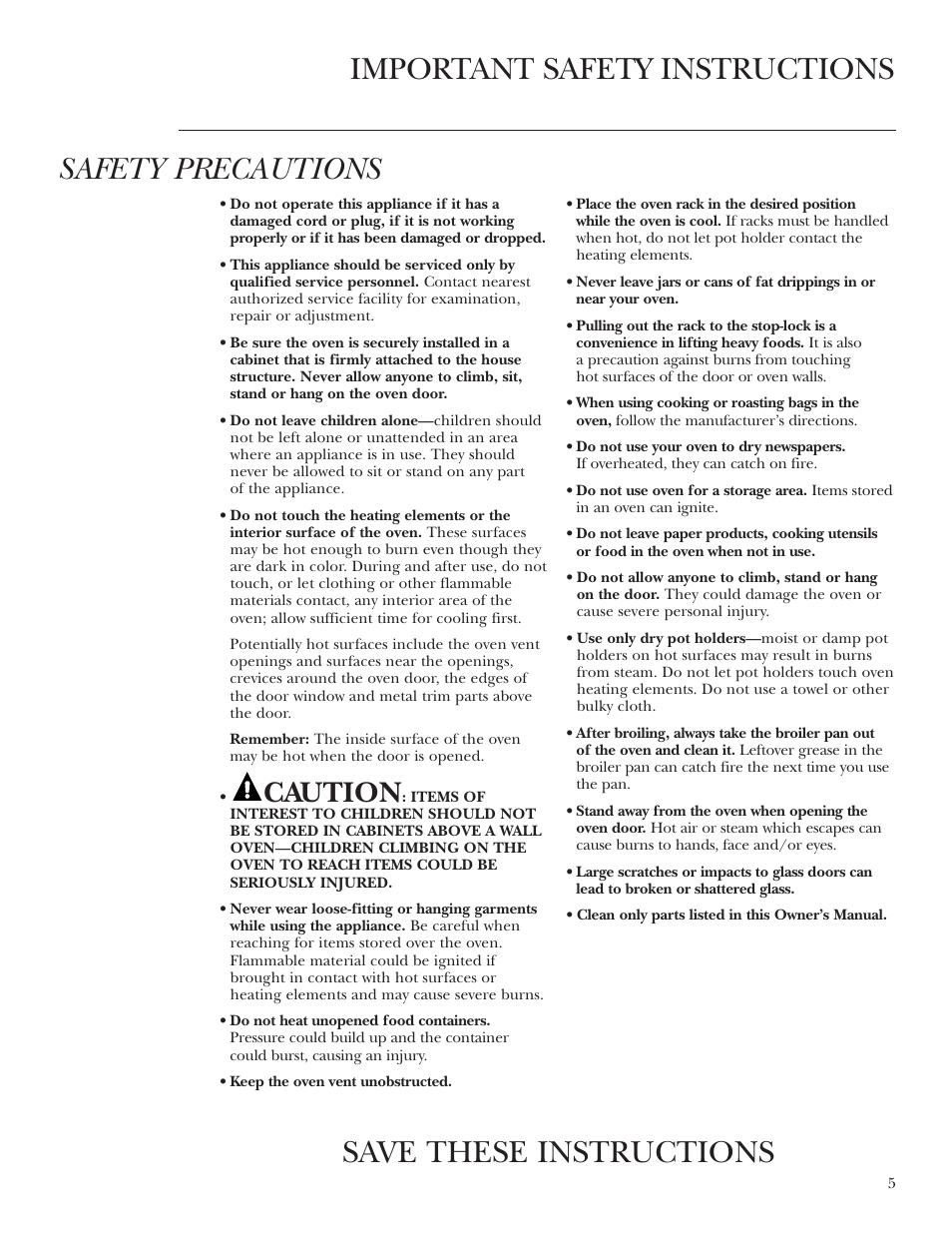 Safety precautions, Caution | GE Monogram ZET3038 User Manual | Page 5 / 44