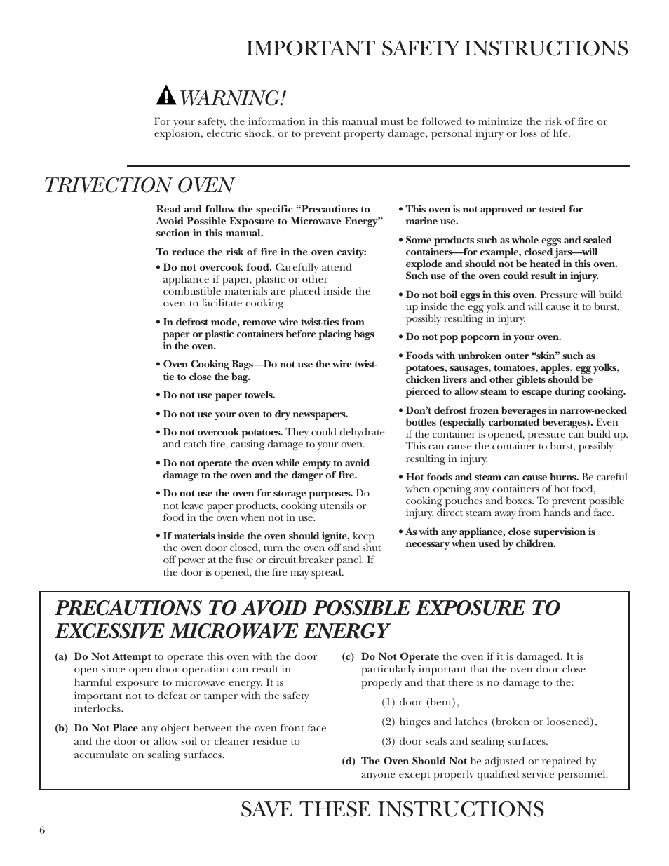 Important safety instructions trivection oven, Warning, Save these instructions | GE Monogram ZET3038 User Manual | Page 6 / 44