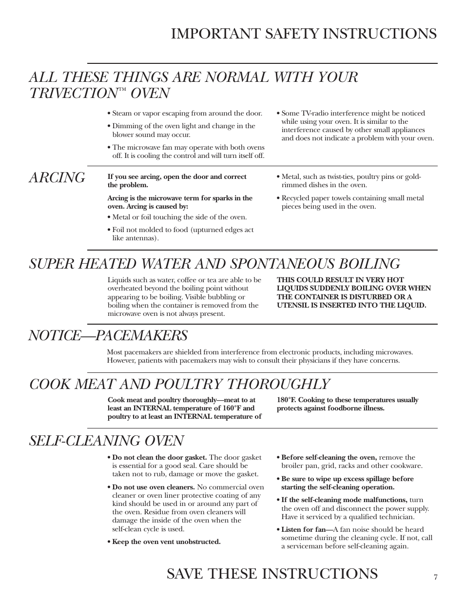 All these things are normal with your trivection, Oven, Arcing | Super heated water and spontaneous boiling, Cook meat and poultry thoroughly, Self-cleaning oven, Save these instructions, Important safety instructions, Notice—pacemakers | GE Monogram ZET3038 User Manual | Page 7 / 44