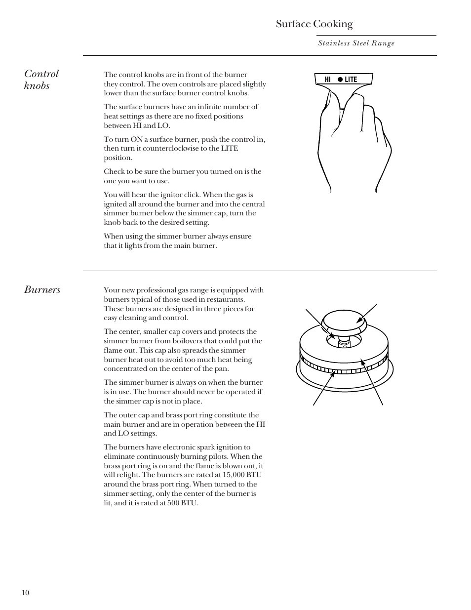 Surface cooking, Control knobs, Burners | GE Monogram Stainless Steel Professional 30 Range User Manual | Page 10 / 28