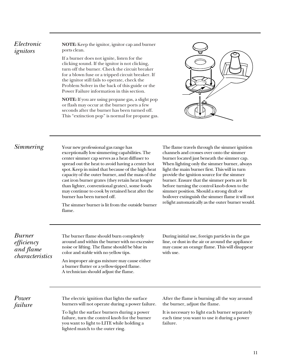 Electric ignitors, Simmering, Electric ignitors simmering | Electronic ignitors, Burner efficiency and flame characteristics, Power failure | GE Monogram Stainless Steel Professional 30 Range User Manual | Page 11 / 28