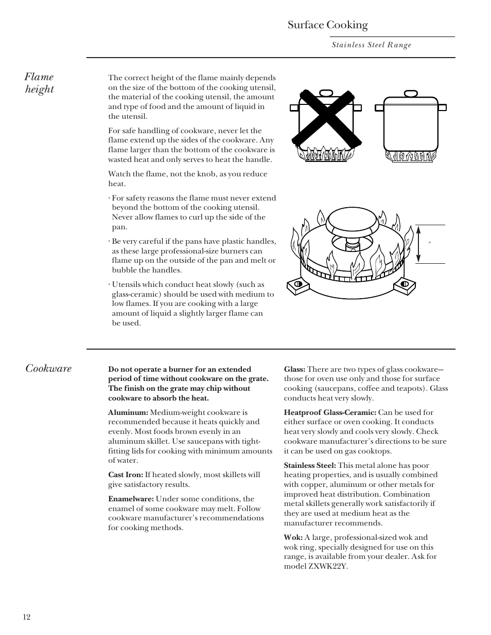 Cookware, Surface cooking, Flame height | GE Monogram Stainless Steel Professional 30 Range User Manual | Page 12 / 28