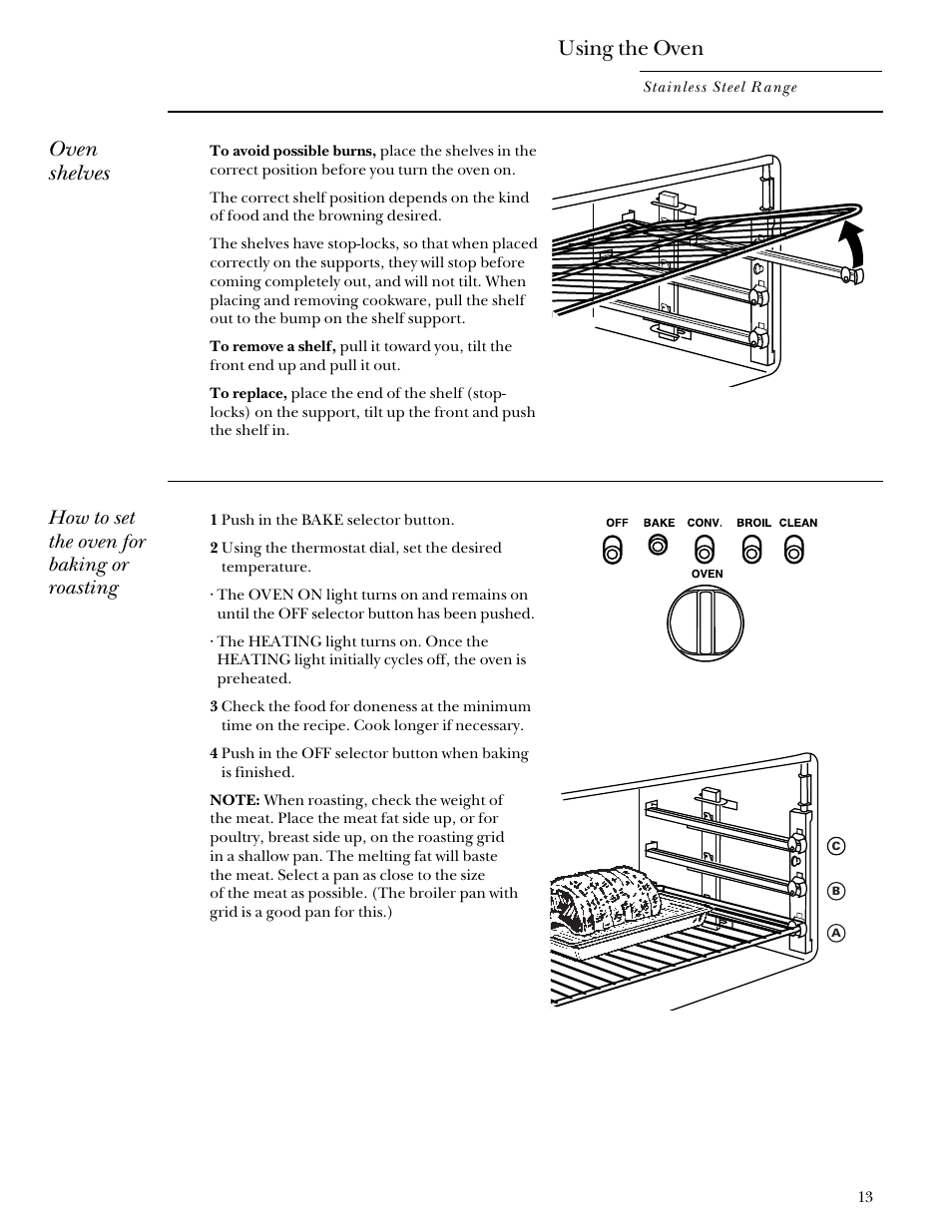 Baking/roasting, Baking/roasting –15, Using the oven | Oven shelves, How to set the oven for baking or roasting | GE Monogram Stainless Steel Professional 30 Range User Manual | Page 13 / 28