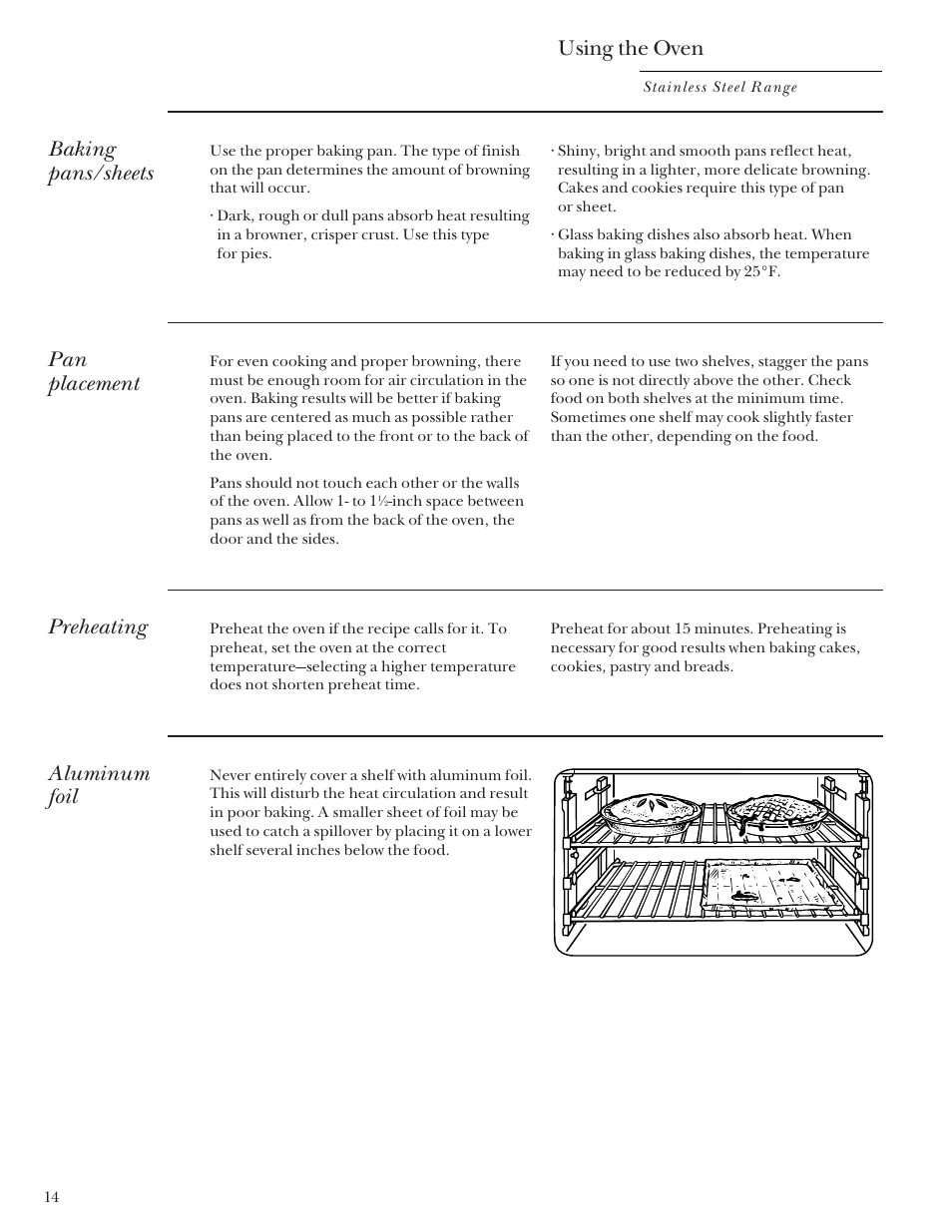 Using the oven, Baking pans/sheets, Pan placement | Preheating, Aluminum foil | GE Monogram Stainless Steel Professional 30 Range User Manual | Page 14 / 28