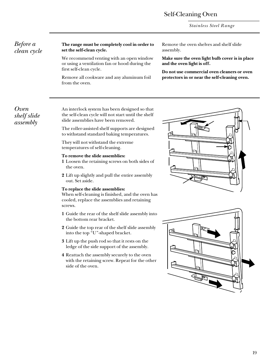 Self-cleaning instructions, Self-cleaning instructions , 20, Self-cleaning oven | Before a clean cycle, Oven shelf slide assembly | GE Monogram Stainless Steel Professional 30 Range User Manual | Page 19 / 28
