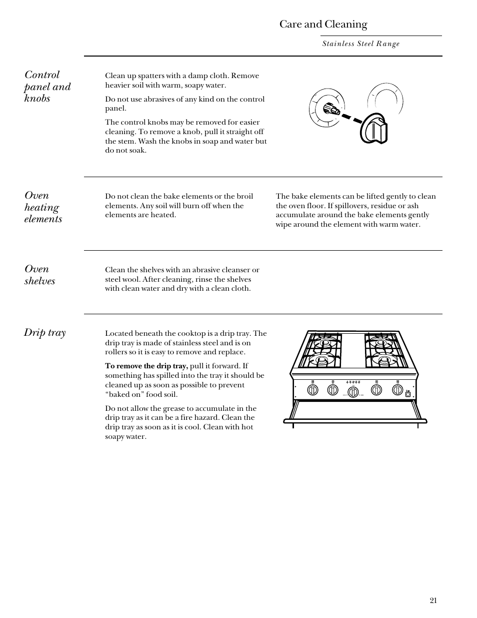 Shelves, Care and cleaning, Control panel and knobs | Oven heating elements, Oven shelves, Drip tray | GE Monogram Stainless Steel Professional 30 Range User Manual | Page 21 / 28