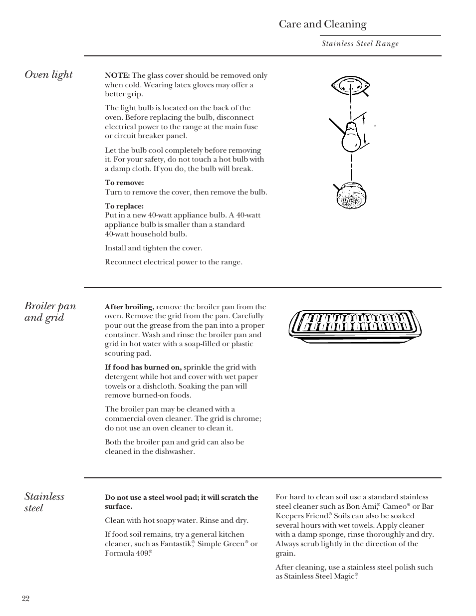 Broiler pan and grid, Oven light, Care and cleaning | Stainless steel | GE Monogram Stainless Steel Professional 30 Range User Manual | Page 22 / 28