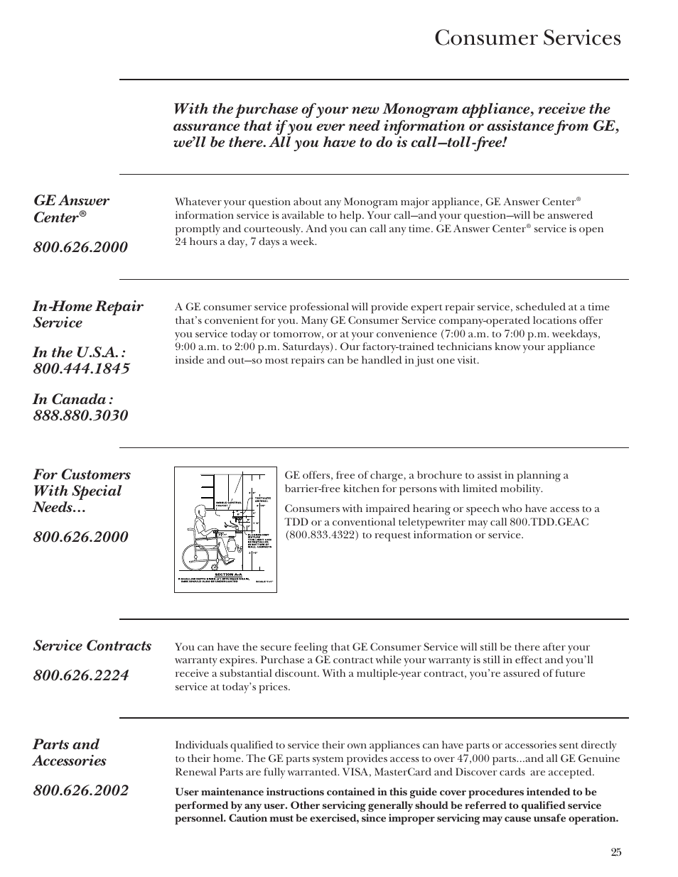 Important phone numbers, Consumer services | GE Monogram Stainless Steel Professional 30 Range User Manual | Page 25 / 28