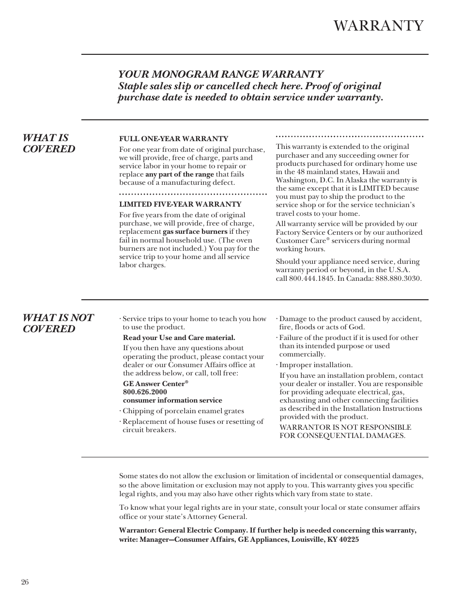 Warranty, What is not covered | GE Monogram Stainless Steel Professional 30 Range User Manual | Page 26 / 28