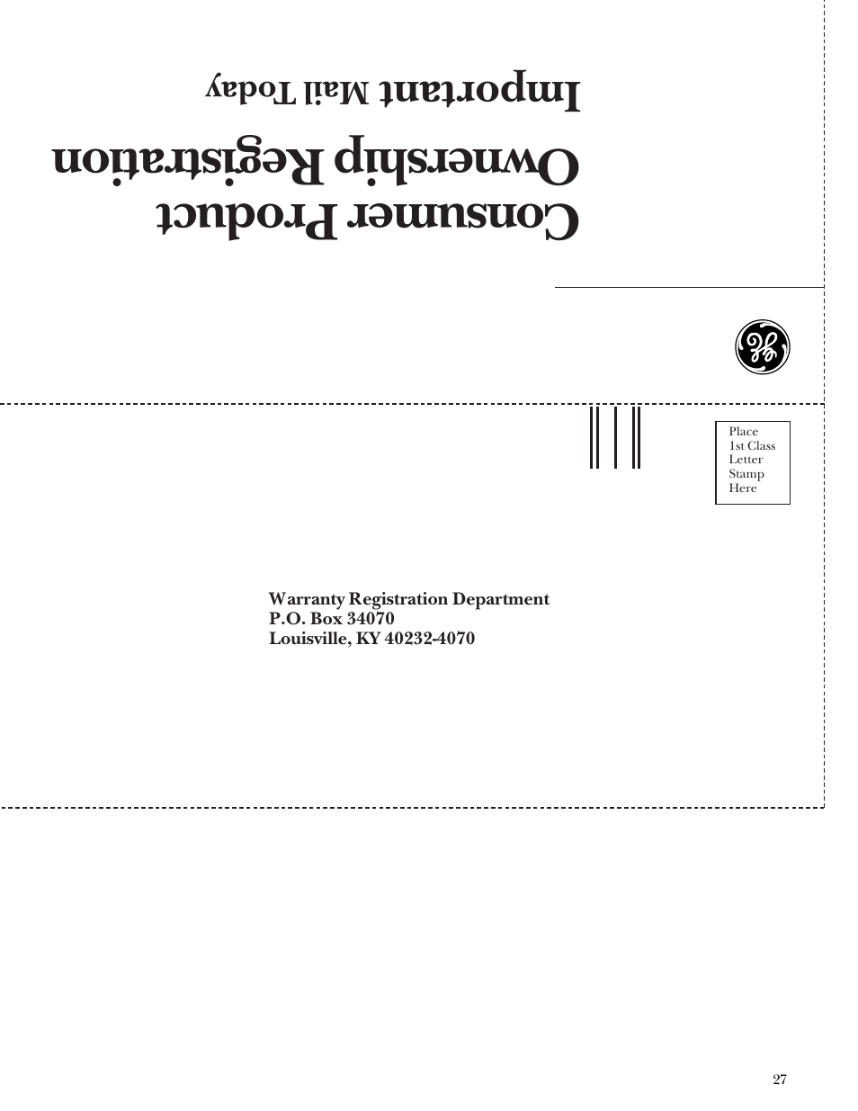 Consumer product ownership r egistration, Important, Mail t oday | GE Monogram Stainless Steel Professional 30 Range User Manual | Page 27 / 28
