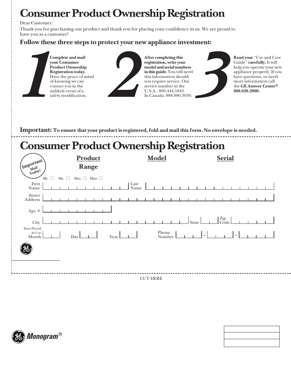 Consumer product ownership registration, Monogram | GE Monogram Stainless Steel Professional 30 Range User Manual | Page 28 / 28
