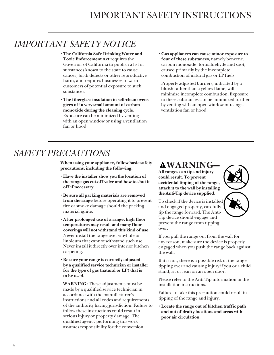 Safety precautions, Warning | GE Monogram Stainless Steel Professional 30 Range User Manual | Page 4 / 28