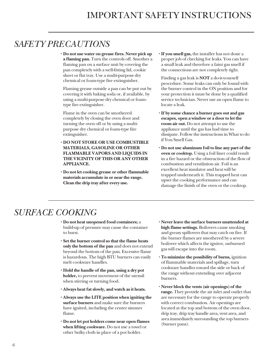 Aluminum foil, Aluminum foil , 14, 17, Important safety instructions | Safety precautions, Surface cooking | GE Monogram Stainless Steel Professional 30 Range User Manual | Page 6 / 28