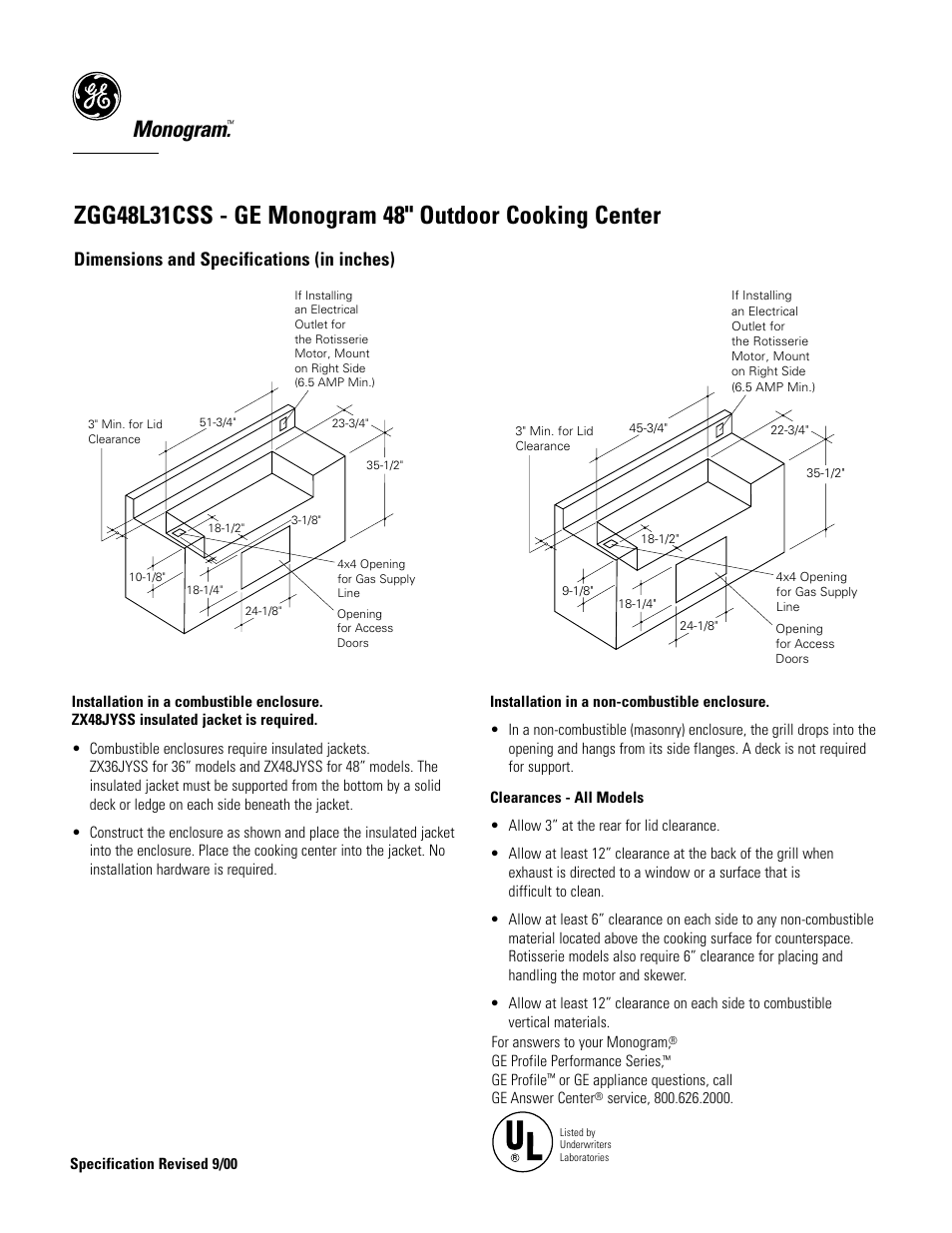 Monogram, Dimensions and specifications (in inches) | GE Monogram MONOGRAM ZGG48L31CSS User Manual | Page 2 / 3