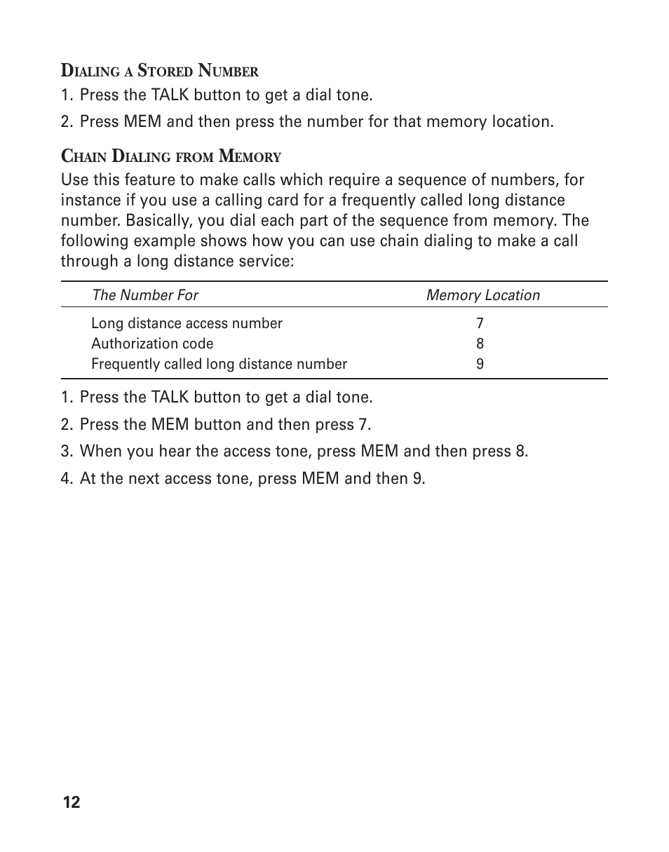 Dialing a stored number, Chain dialing from memory | GE Monogram 2-6920/2-6921 User Manual | Page 12 / 22