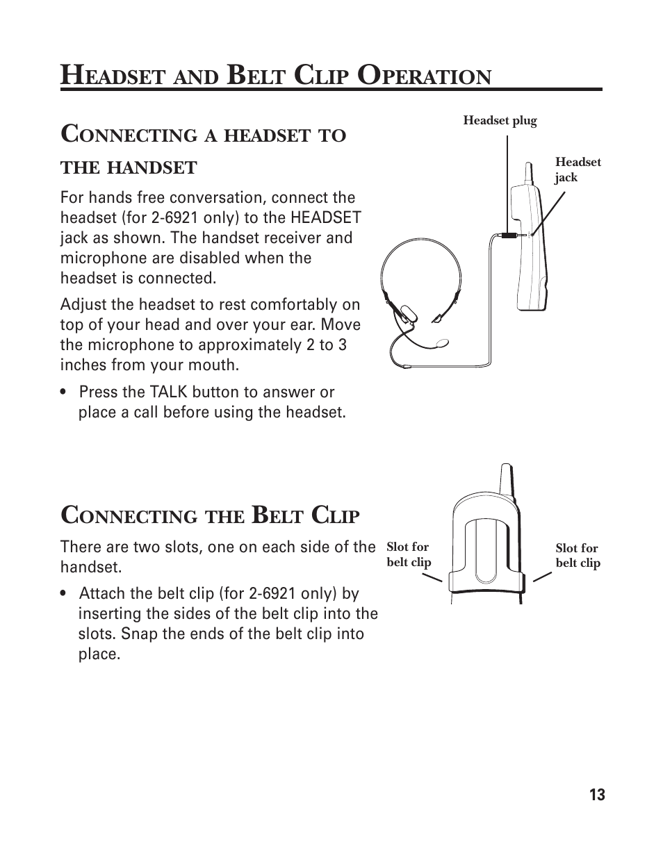 Headset and belt clip operation, Connecting headset to handset, Connecting the belt clip | GE Monogram 2-6920/2-6921 User Manual | Page 13 / 22
