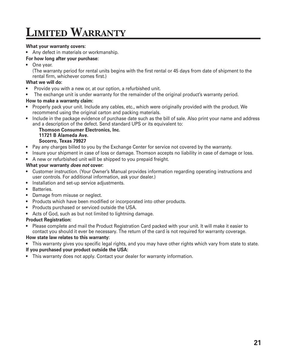 Imited, Arranty | GE Monogram 2-6920/2-6921 User Manual | Page 21 / 22