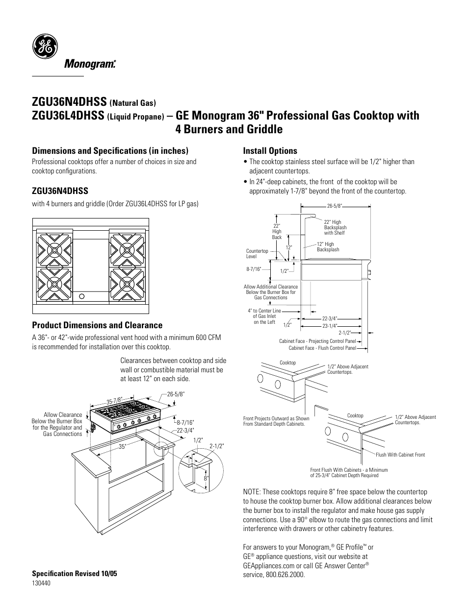 GE Monogram MONOGRAM ZGU36L4DHSS User Manual | 3 pages