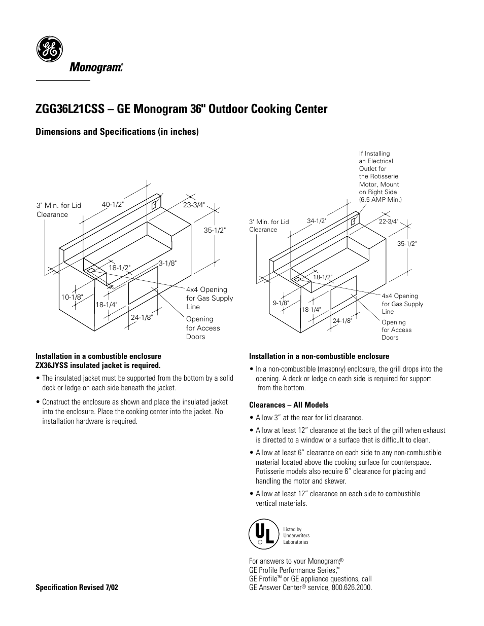 Dimensions and specifications (in inches) | GE Monogram ZGG36L21CSS User Manual | Page 2 / 3